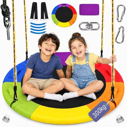 Beeoecm Columpio Tipo Nido Exterior de 100 cm, Columpio de Disco Jardín Capacidad de Carga de hasta 300 kg con Guirnalda de Luces, Giratorio 360° y Kit de Montaje para Niños y Adultos (Rojo)