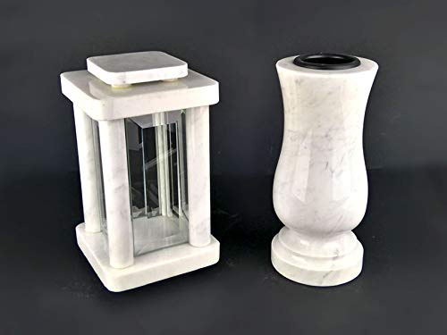 designgrab Set Grablampe Modern 25,5 cm & Marmor Vase 25 cm – massiv, hochwertig & poliert – Carrara Marmor – weiß