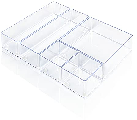 Lilly Things Anti-RUTSCH Schubladen Ordnungssystem (5-teilig Set B, transparent) Schubladen Organizer Schubladeneinsatz Aufbewahrungsbox für Make-Up Kosmetik Schminktisch Schreibtisch Büro Bad Küche