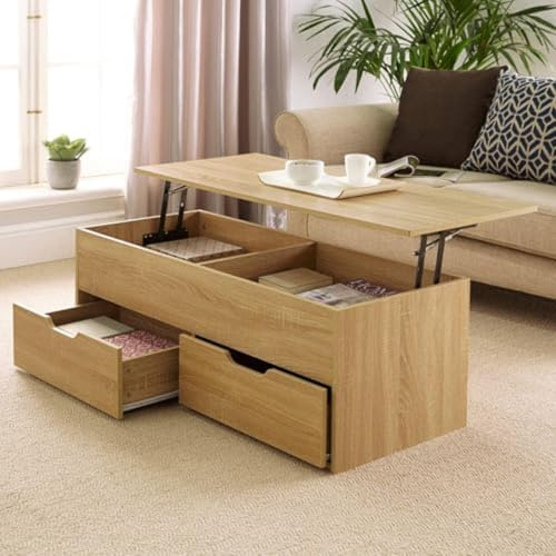 Home Source Lift Up Top Living Room Coffee Table, Pivoting Lid, Locking Support, 2 Large Storage Drawers, Oak Effect Finish