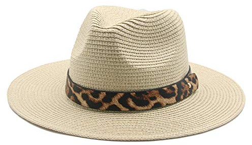 Sonnenhut Strohhut Hut Damen Strohhüte Männer Frauen Leopardenband Lässig Vintage Solide Sonnenhüte Weiß Strand Reise Sonnenschutz Hüte-Weiß_56-58Cm