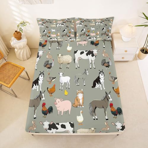 Cow Fitted Sheet Cartoon Cat Dog Horse Bed Sheet Set for Kids Boys Girls Teens Room Farm Animal Collection Decor Bedding Set Farmhouse Style Bed Cover 2Pcs Twin Size