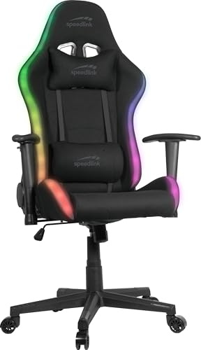 Speedlink REGYS RGB Gaming Stuhl Stoff Bezug – Gamer Stuhl mit LED Beleuchtung, 300 Beleuchtungsmodi mit Fernbedienung, Wippfunktion, Nackenkissen, Lendenkissen, bis 140kg, schwarz