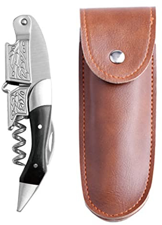 115g Abridor de Vino Personalizado de Acero Inoxidable Resistente , Profesional Doble Bisagra Camareros Sacacorchos con Enlace de Corte de Láminas y Mango de Madera (Negro-Ébano)