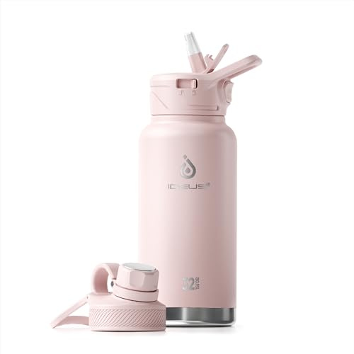 IDEUS Vacuum Insulated Water Bottle 950ml/32oz, Leak-Proof Stainless Steel Water Bottle, Double Wall Flask, Metal Sports Canteen with 2 Lids