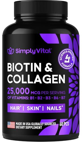 Biotin and Collagen Supplements with Keratin 25000 mcg - Hair Skin & Nails Vitamins with Collagen Keratin B Complex - Made in USA - Biotin for Hair Growth Women & Men Support Skin & Nails, 60 Capsules