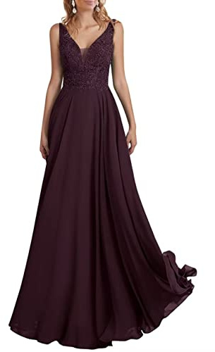 TANPAUL Abendkleider Elegant V-Ausschnitt Spitzen Ballkleider Perlen Chiffon Brautjungfernkleider A-Linie Lang Kleider für Hochzeitsgäste Dunkelrot 40