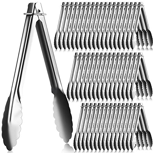 Seewey Set of 50 Stainless Steel Serving Tongs 7 Inch Cooking Clamps with Sliding Rings Small Clam Shell Metal Non Slip Food Tongs for Kitchen Salad Buffet Grill Barbecue Appetizers, Silver