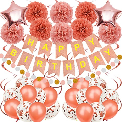 Recosis Rosegold Geburtstagsdeko, Happy Birthday Banner mit Pompoms Papier Girlande Wimpel Spiral und Luftballon Kindergeburtstag für Mädchen Junge Mann Frauen Geburtstags Dekorationen