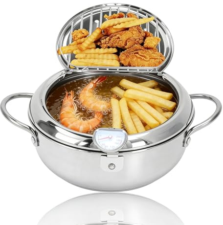 Natudeco Friteuse Japonaise Tempura avec Thermomètre Couvercle Et Égouttoir À Huile Thermomètre Poêle à Frire Antiadhésif pour Poulet Frites (2.2L)