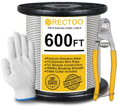 RECTOO 600FT 1/8 T316 Stainless Steel Cable with Cutter, 7x7 Strands Aircraft Wire Rope for Deck Railing, Stair Handrail, Porch Fence, High Strength for Indoor and Outdoor Use