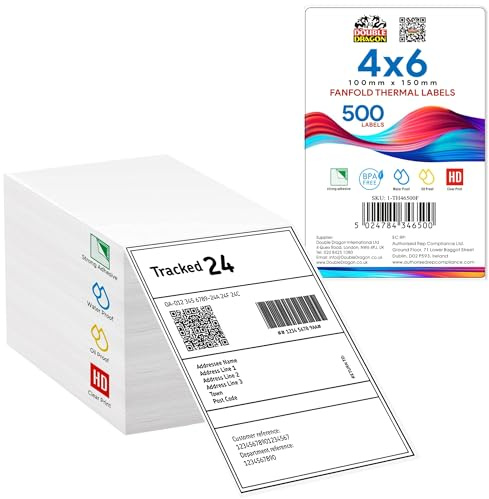 Double Dragon 100 x 150 mm (4 x 6), 500 Étiquettes Fanfold Premium avec Revêtement, Adhésif Permanent, Compatible avec Imprimantes Zebra, MUNBYN, Rollo, TSC, Toshiba, Citizen (1 Pile)