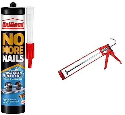 UniBond No More Nails Waterproof, Heavy-Duty Mounting Adhesive & ProDec MG11ES Extra Strong Skeleton Caulking Gun, Sealants, Silicones, Adhesives - Red,400ml and 310ml