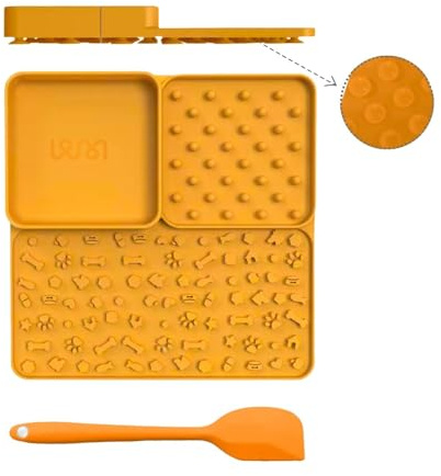 PAWMERCE 3-in-1 Licking Mat for Cats and Dogs - Slow Feeder & Anxiety Relief, Silicone with Suction Cups, Peanut Butter Spatula Included. Promotes Dental Health & Mental Stimulation (Orange)