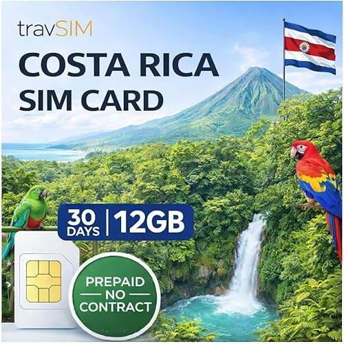 travSIM Costa Rica SIM-kort | 12 GB mobildata med 4G/5G-hastigheter | Gratis roaming i El Salvador, Guatemala, Nicaragua och Panama | Planen på Costa Rica SIM-kort är giltig i 30 dagar
