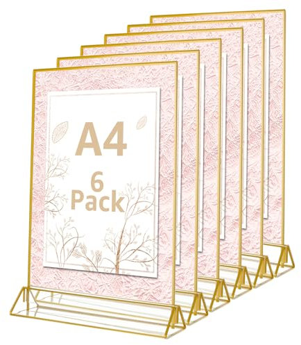 YAYODS 6 Pack A4 Acrylic Sign Holder, Double Sided A4 Display Stands with Gold Borders, Poster Menu Holders Stand for Tables, Perspex Display Stands for Office Restaurant Wedding