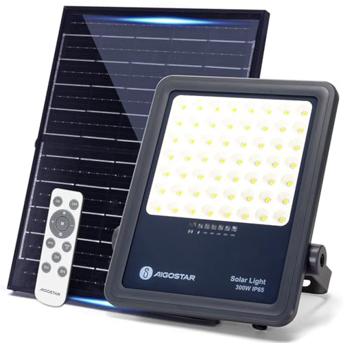 Aigostar Foco proyector LED solar con control remoto,focos solare de 300W, 3000LM,luz blanca fría de 6500K,IP65 impermeable Luz solar exterior,para jardín,terrazas,caminos,garajes,cable de 2M