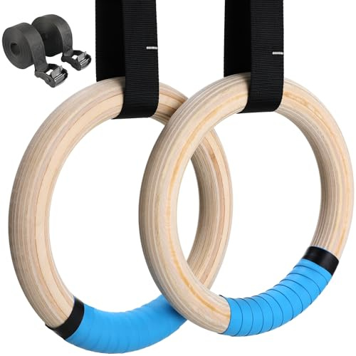 LIFERUN Gymnastikringe, olympische Ringe, Holz, 500 kg, mit Verstellbarer Metallschnalle, 5 m Lange Gurte, Klimmzugringe, Workout-Ringe für Zuhause, Fitnessstudio (blau)