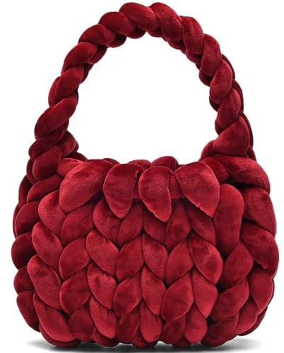 Borsa a tracolla intrecciata a mano da donna, in filato grosso, realizzata a mano, Vino rosso, Large