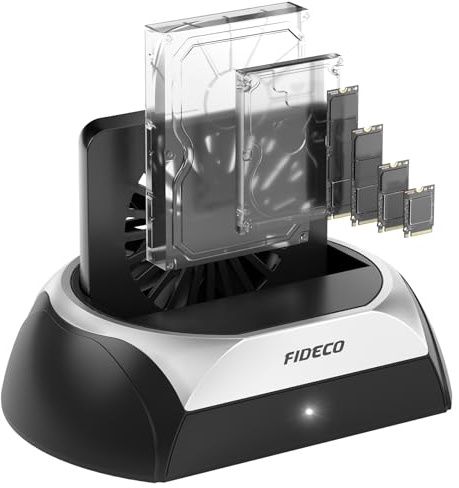 FIDECO Hard Drive Docking Station, M.2 NVME SSD Docking Station with Cooling Fan, Support 2.5 and 3.5 inch SATA HDD SSD, and M.2 NVME SATA SSD, Ultimate Heat Dissipation