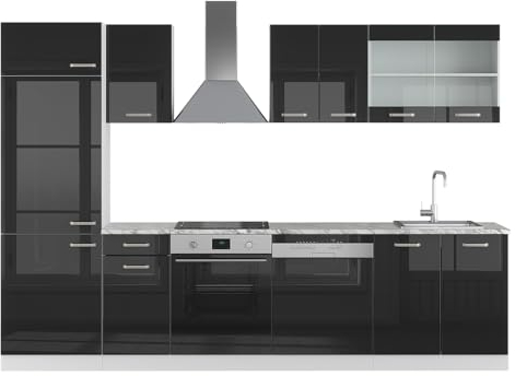 Vicco Küchenzeile R-Line, Schwarz Hochglanz/Weiß, 300 cm ohne Arbeitsplatte