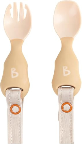 Bibado - Handi Cutlery Set (Fawn) - Toddler Cutlery Weaning Set - Baby Spoons & Forks - Use with Coverall Bibs - Detachable Straps - Dishwasher Safe, BPA Free - Baby Essentials - 6 Months to 24 Months