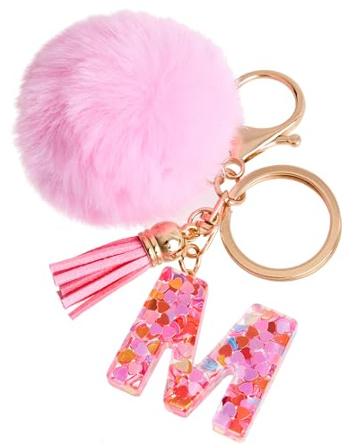 Vorysum Schlüsselanhänger Kinder Schlüssel Gold Schlüsselringe Herzförmig Buchstabe Anhänger Quaste Rosa Haarball Mit Anfangsbuchstaben Schlüsselanhänger Personalisiert Mädchen Keychain Geschenk（M）