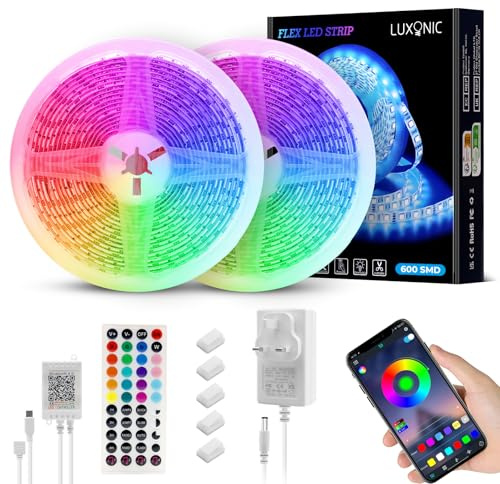 Waterproof LED Strip Light 10M (2x5M),60 LED/M Super Bright,24V 5050 Outdoor RGB Rope Light with App&44 Keys Remote Control,Music Sync Color Changing for Ceilings/Party/Indoor Outdoor Patio Decor