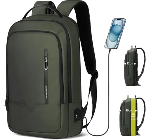 Laptop Backpack, Expandable Waterproof Rucksack 15.6 Inch-Green | Business Backpack with USB Charging Port, Water Resistant Anti-Theft Slim Laptop Rucksack for Office, Work, Travel & Outdo