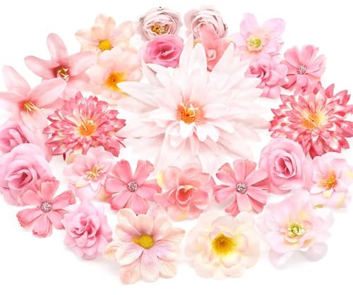 MOTONG 30 PCS Artificial Flowers for Decoration-Fake Flower Heads for Cake Decorations, DIY Silk Flowers Pink Roses for Decorative Bridal Bouquet Flower Wall Panel Wedding Party