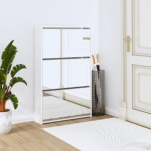 Gecheer Schuhschrank mit Spiegel, 3 Fächer, Hochglanz-Weiß, 63x17x102,5 cm, Holzwerkstoff, schmal, für Eingangsbereich, Flur, Wohnzimmer, Schlafzimmer