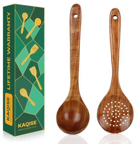 Wooden Kitchen Spoons for Cooking Set of 2, Premium Spoons for Cooking, Teak Wood Ladle & Skimmer Set for Kitchen Cooking