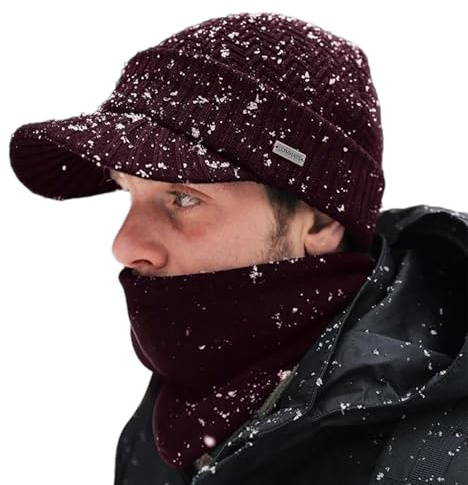 Comhats 80% Merinowolle Wintermütze mit Schirm und Fleece-Schal Warm M-XXL | PolarWool™ 80% Merinowolle, weiches Fleecefutter, Thermo-Schlauchschal, verlängerter Schirm, Zopfmuster, Golf, Wandern, Ski