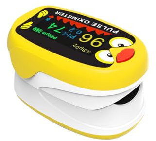 Yohcuro Paediatric Oximeter for Infants & Kids, Fingertip Pulse Oximeter for Small Fingers, Blood Oxygen Saturation, Pulse Rate Monitor, Cute Cartoon Design, USB-C Charging (Yellow)
