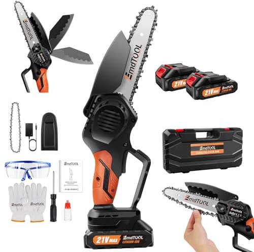 VickyHome Kettensäge 6 Zoll Akku Kettensäge, 700w Mini Kettensäge mit 2 Akkus, 2 Ketten Handkettensäge Akku Säge, 3500RPM Akku Astsäge Elektrisch Kettensägen für Holzschneidenz, Orange