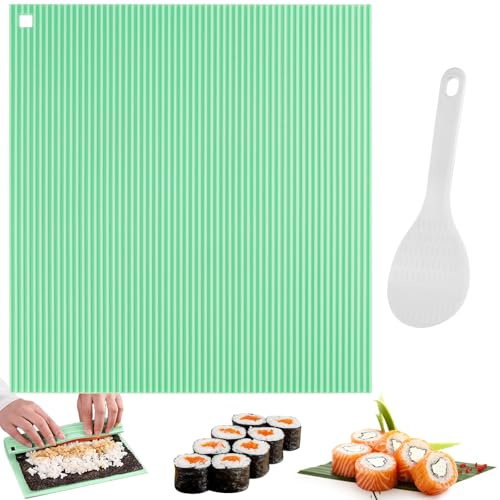 Silikon Sushi Matte 21.7×19.9cm Sushi Making Kit mit Reislöffel | Antihaft und Wiederverwendbar Leicht zu Reinigen, Sushi Roll Mat für Anfänger und Sushi-DIY-Enthusiasten