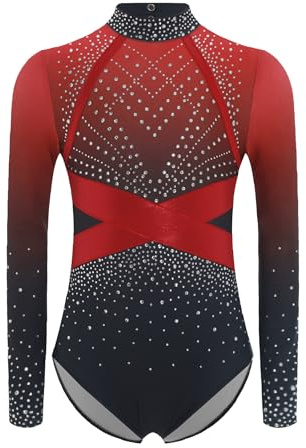 Alvivi Mädchen Turnanzug Glitzer Gymnastikanzug Strass Gymnastik Leotard Langarm Ballettanzug Turntrikot Wettbewerb Tanzkostüm