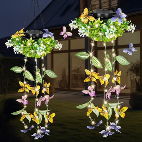 Colorful Solar Butterfly Lights for Spring & Summer Garden, 2 Pack Hanging Lights with Fluttering Butterflies & Flowers, IP65 Waterproof Outdoor String Lights for Patio, Birthday & Kids Play Area