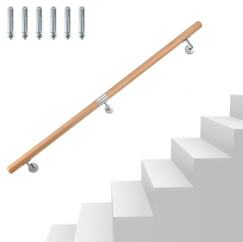 Eikuavons Handlauf Buche Holz, 150cm Geländer Wandhandlauf Wand Treppe mit Wandhalterung und Endkappen, Rutschfester Holzhandlauf Treppengeländer für Treppen Balkon, Runder 42 mm Ø