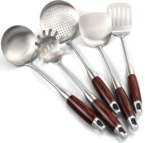 Edelstahl Küchenutensilien-Set, 5 Teiliges Kochutensilien, Spatel, Suppenkelle, Schaumlöffel, Pasta-Server & Schaumlöffel | Löffel mit Schlitzen, Pfannenwender mit Schlitzen, Wok Pfannenwender, Pasta Server, Suppenkelle, Hitzebeständiger
