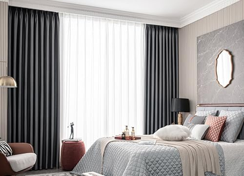 Wycian Curtains for Doors with Glass Pleated Blackout Curtains Dark Gray Cloth Solid Color 34 W x 84 H (86X214CM)