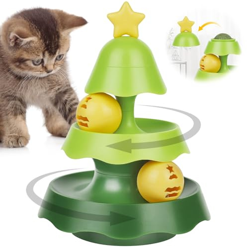 AUAUY Giocattolo Interattivo per Gatti, Palla Interattiva con LED per Gatti, Albero di Natale Giocattolo Girevole con Pallina di Erba Gatta, Verde