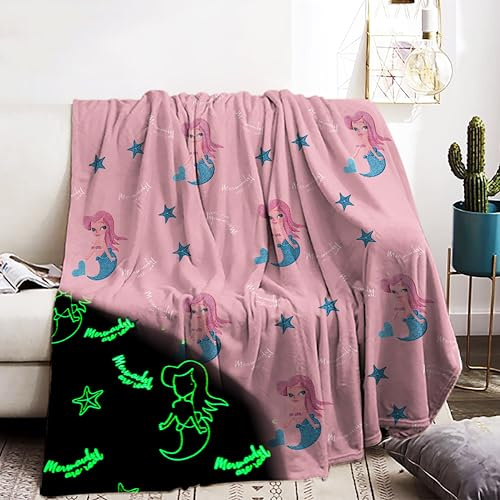 IUNTWEIE Kuscheldecke Kinder 130x150cm, Meerjungfrau Glow in The Dark Decke,Weiche FlanellDecke,Geschenke für mädchen Decke Rosa (MRYU, 130x150cm)