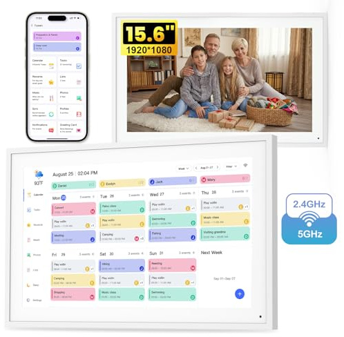 NEWYES 2026 Calendrier Numérique Mural 15,6 - Tableau Organisation Famille & Cadre Photo Numérique Wi-Fi Sync Écran Tactile Intelligent pour Semainier Enfant, Planificateur Menus, Rappels de Tâches