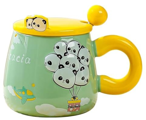 jiejack Kaffekopp, keramikkopp, rolig med lock och sked, djurmugg, kanin/panda/Duckling/gris, ballongmugg med lock för kaffe, te, mjölk (C)