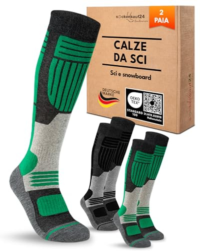 sockenkauf24 Herren Merino Skisocken 39-42 (2 Paar) Thermo Winter Kniestrümpfe mit Polsterung für Ski und Snowboard (Schwarz/Grün)