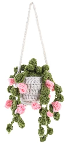 Alipis Handmade Crochet Car Hanging Ornament Soft Knitted Plant Basket with Pink Flower Rearview Mirror Decor for Car Interior Pendant for Bedroom and Office Decoration