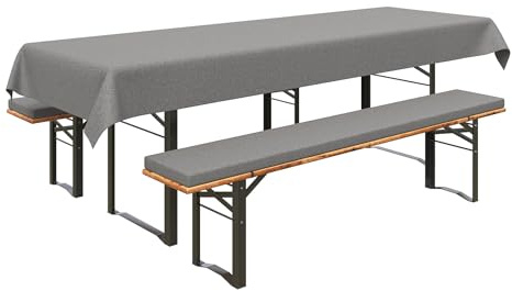 Amopatio Bierzeltgarnitur Auflagen Set 3-teilig,2 Bankauflagen gepolstert 180x25x4cm & 1 Tischdecke 255x85 cm,rutschfest,Waschbar & Faltbar für Garten, Balkon, Feste & Camping,Hellgrau