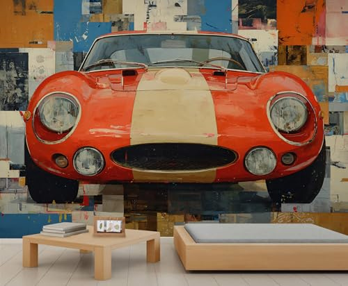 Vintage 1960er Jahre Rennwagen-Wandbild Rennstrecken Tapete Retro Sportwagen Raumtapete abstrakte bunte Tapete für Schlafzimmer, Wandbild für Wohnzimmer, Schlafzimmer, Kinderzimmer, Dekoration, 490 x