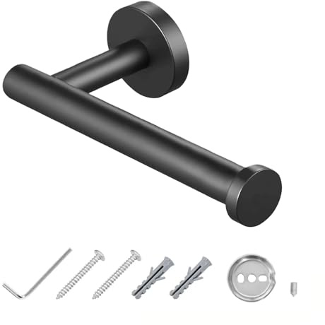 Stainless Steel Wall Mounted Toilet Paper Holder Black | Matte black toilet tissue roll holder with round mounting; rustproof bathroom and kitchen wall hardware organizer